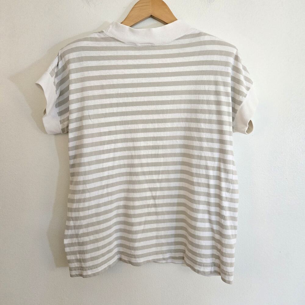 Vintage 80s Dockers Striped Shoulder Pad T-Shirt Boxy Tan White Cotton Knit L - Picture 2 of 6